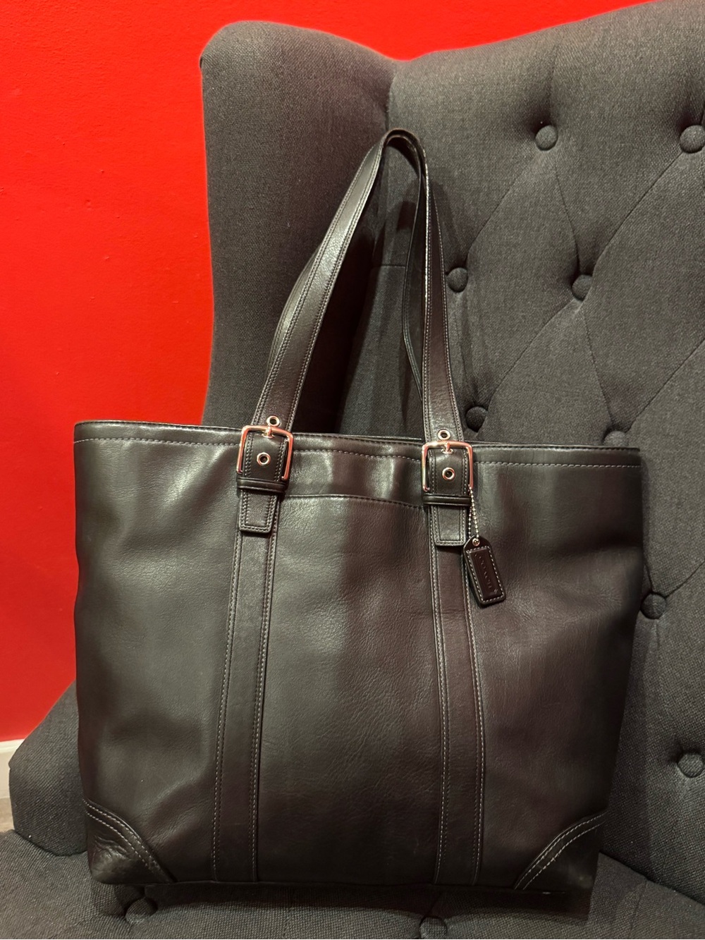 Coach Black Leather Tote with Buckle Straps